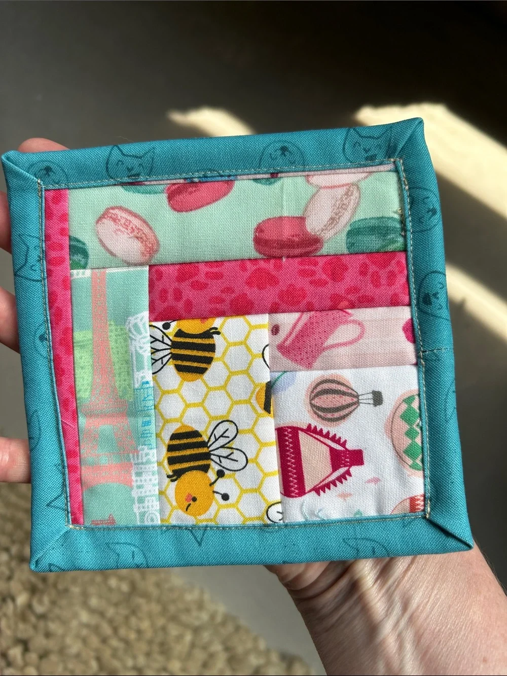 Handmade Patchwork Fabric Coasters - Teal Trim, Lime & Macaron Prints
